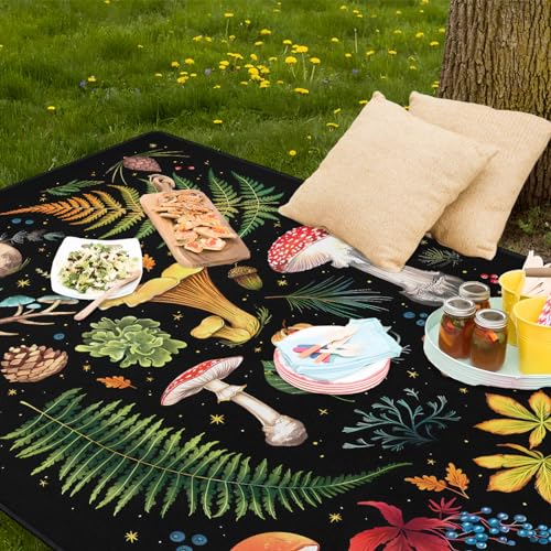 Mushroom Picnic Blankets Waterproof Foldable, 80″X80″Thick Three Layer Picnic Mat Outdoor Blanket for Grass, Large Beach Blanket Sandproof Picnic Accessories for Camping Party Park Patio - color: A08, size: 6'8" X 6'8" (Square)