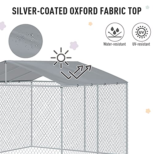 PawHut Outdoor Dog Kennel, Heavy Duty Dog Run Outdoor Fence with Waterproof Cover, Galvanized Chain Link, Secure Lock, 9.8' x 9.8' x 7.7' - size: 118.0"L x 118.0"W x 92.3"H