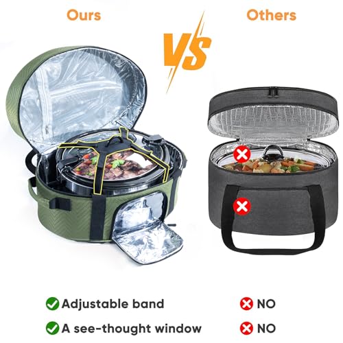 Insulated Slow Cooker Carrying Bag for 6-8 Quart CrockPot and Hamilton Beach Slow Cooker with See-thought Window, Portable Carrier Case with Adjustable Band and Accessory Pocket - color: Green