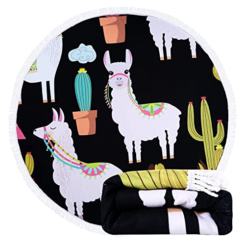 Benefeet Sox Beach Towel Large Round Mandala Pool Towels Tassels Microfiber Quick Dry Beach Blanket Throw Bohemian Roundie Swim Pool Circle Towel, 59 Inches - color: Cute Llama Cactus; Black