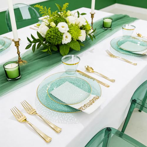 DaYammi 175 Pcs Green Plastic Plates Dinnerware Set (25 Guests), Hammered Plates Sets, Green Party Platos Set include 50 Disposable Platos, 75 Gold Plastic Silverware, 25 Cups 25 Napkins - color: Clear Green, size: 175 Pcs