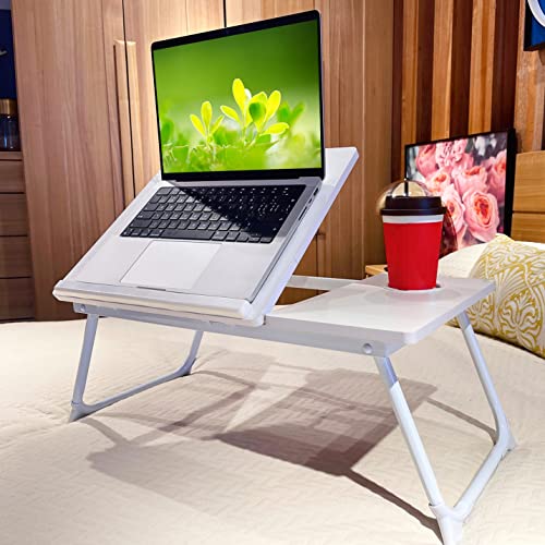 CloudTrip Laptop Desk for Bed or Couch, Lap Desk, Woking in Bed Desk, Home Office Desks, Breakfast Tray, Desk with Cup Holder, Watching Movies in Bed, Laptop Stand for Bed, Fordable Legs Desk (White) - color: White