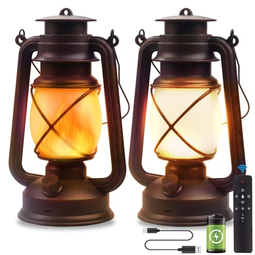 Lantern LED Battery Powered Camping Lamp Outdoor Hanging Rechargeable Lantern Flickering Flame Retro Lanterns Remote Control 4 Modes Light Non-Solar 2 Pack