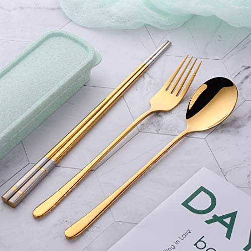 3 PCS Stainless Steel Travel Camping Flatware Set Fork Spoon Chopsticks with Portable Case, Gold - color: Gold
