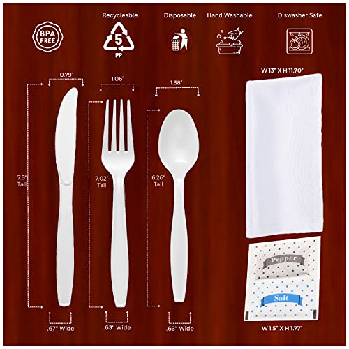 Bulk Heavy Weight Cutlery Individually Wrapped White Plastic Cutlery Knife, Spoon, Fork Pack with Napkin and Salt and Pepper Packets - Extra Strong & Resistant - size: 50