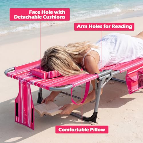 COSTWAY Tanning Chair with Face Hole, Folding Beach Lounge Chair with 4-Position Adjustable Backrest, Pillow & Side Pocket, Foldable Chaise Lounge Chair Outdoor for Sunbathing, Camping (1, Pink+White) - color: Pink+white