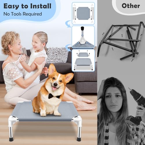 Elevated Dog Bed for Small Dogs, Outdoor Cooling Dog Bed Cot for Small Pets, Indoor Detachable Raised Dog Bed with Non-Slip Feet, Double Layer Polyester Cotton (20" L x 20" W x 6.5" Th) - color: Grey-S