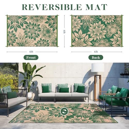 Waterproof Outdoor Rugs 4x6, Green Outdoor Plastic Straw Rug Double-Sided, Fade Resistant Patio Rug, Easy Cleaning RV Camping Mats Outside Carpet Portable for Balcony Porch Garden Deck Picnic - color: Green, size: 4' x 6' (Rectangular)