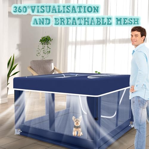XVISHX 42x42 Inch Puppy Playpen with Cover, Dog Playpen for Puppies or Small Dogs, Pet Fence for Indoor & Outdoor, Sturdy Safety DogPen with Thickened Fabric, High-Strength Nylon Wire Mesh, Blue - style: 42x42 IN With Cover