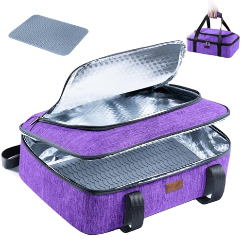 BAGSPRITE Insulated Casserole Carrier for Hot or Cold Food with Heat-resistant Mat, Casserole Dish Carrier Insulated Food Carrier, Hot Food Carrier, Foil Pan Carrier Fits 9" x 13" Baking Dish - color: Purple, size: Style A