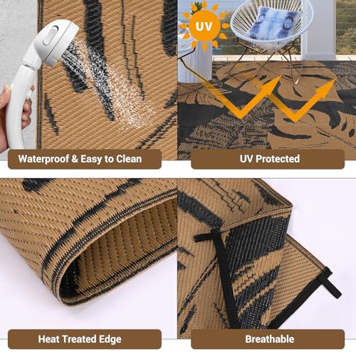 COZYLOOM Outdoor Rugs 8x10 Waterproof for Patios Reversible Plastic Straw Rug Leaf Pattern, Modern Area Rug for Outdoors Backyard Porch Balcony RV Deck Picnic Camping Beach Trailer, Black Brown - color: Leaf Black/Brown, size: 8'x10'