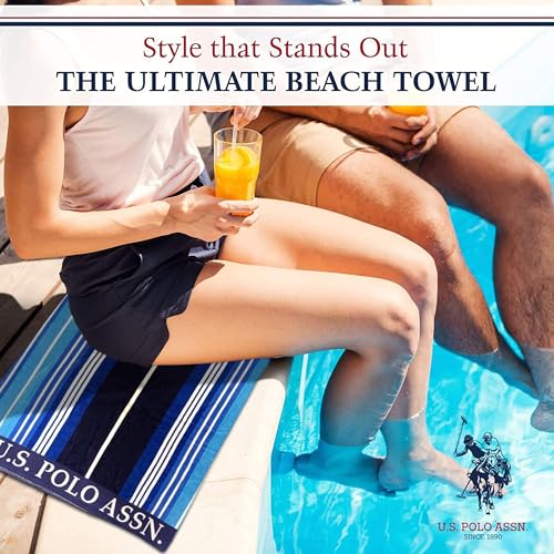 U.S. Polo Assn. 2-Pack Luxury Plush Cotton Oversized (40" x 70") Beach Towels, Striped Nautical Design, Hotel Quality for Bath & Pool- Blue/Teal - color: Blue/Teal, size: 40" x 70"