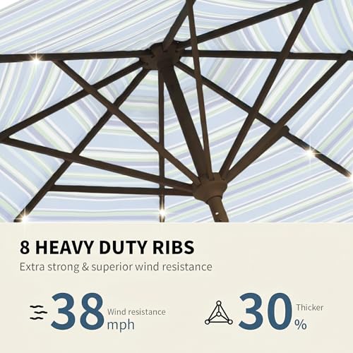 9FT Patio Umbrella with Solar Lights,Outdoor Market Umbrella with Tilt and Crank, LED Lighted Table Umbrella for Garden,Deck,Backyard,Pool,Beach (Blue Green Stripes) - color: Blue Green Stripes