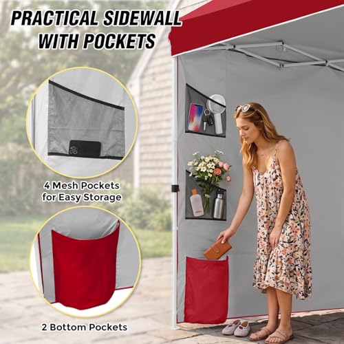 EAGLE PEAK Commercial Canopy 10x10 with Sidewall Storage, Easy OnePerson Setup Pop Up Canopy Tent with Roller Bag, Stakes, Ropes, and Weight Bags, Red - color: Red