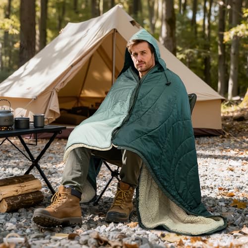 Outdoor Camping Blanket with Sherpa Lining, Extra Warm Thick Camp Blankets and Puffy Ultralight Soft Poncho DWR Camping Quilt for Cold Weather, Adventure, Sleeping, Backpacking 78"x 56" - color: Hooded - Pale Green, size: 78 X 56 Inches