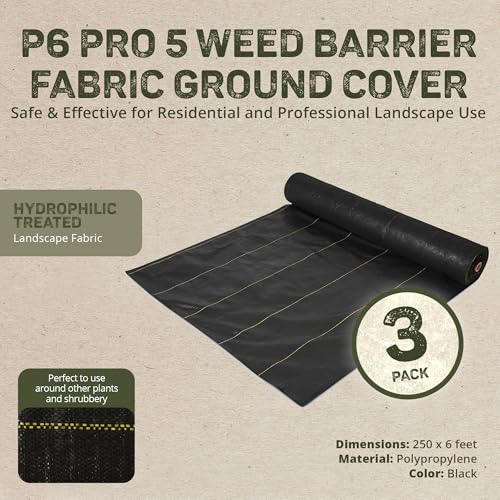 Dewitt 3-Pack Pro-5 Weed Barrier Fabric 5 oz, 6 x 250 Feet – Heavy-Duty Woven Landscape Ground Cover Mat for Raised Garden Bed, Greenhouse Gardening, Outdoor Landscaping, and Commercial Planting - size: 6 Pack, style: 5' x 250'