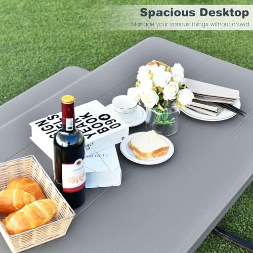 MEDIMALL Portable Picnic Table With Benches, Plastic Bench Set With Metal Frame & All Weather Tabletop, Large Camping Table for Outdoors, Backyard, Garden (Gray) - color: Grey