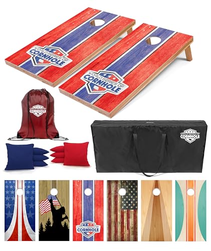 World Series of Cornhole Regulation Size Cornhole Boards – Lightweight & Durable All-Wood Construction | Backyard Bean Bag Toss Set | Rugged Outdoor Game for Tailgates, BBQs, & Backyard Battles - color: Patriotic with Red and Blue Stripes