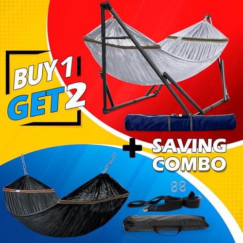 Tranquillo Combo x2 Hammocks with Stand for Outside & Tree Straps, Heavy Duty Hammock with Stand 600lbs for Indoor Outdoor Patio Backyard, x2 Hammocks for 2 Person (Combo - Grey, Medium) - color: Combo - Grey