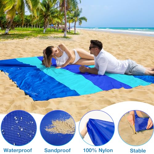 BYDOLL Nylon Beach Blanket Waterproof Sandproof Oversized 7'x7' Suits 1-5 Adults Sand Free Extra Large Blanket Lightweight Soft Picnic Mat for Beach Travel Camping - color: Blue Mix, size: 7'x 7'