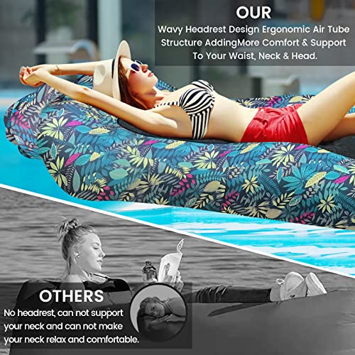 ele ELEOPTION Outdoor Inflatable Camping Couch Waterproof Portable Blow Up Air Sofa Chair Lounger for Backyard Beach Traveling Camping with Compression Sacks (Blue Leaf Print) - color: Blue Leaf Print