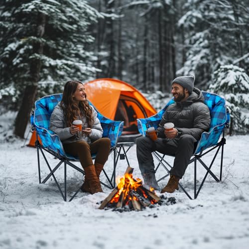 LILYPELLE Oversized Heated Camping Chair, Patio Lounge Chairs with 3 Heat Levels, Portable Folding Heated Chair Round Moon Saucer Folding Lawn Chair Outdoor Chair for Camping, Lounge Patio - color: Blue Grid, style: Heated Moon Chair