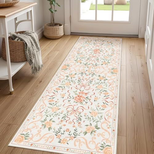 Washable Non-Slip Runner Rugs 2X6, Orange Rug Boho Farmhouse Bow Floral Area Rug for Hallway Kitchen Bedroom Beside Laundry Room Bathroom Rug, Low Pile Stain Resistant Soft Floor Carpet - color: Aa#orange (Bow Floral), size: 2' x 6' (Rectangular)