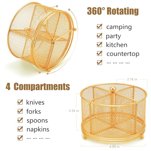 DysanVica 360° Rotating Metal Utensil Caddy - 4 Compartment Silverware Cutlery Holder Rotation Fork Spoon Napkin Organizer Flatware Storage Basket Party Countertop Buffet Picnic Camping Outdoor Gold - color: Gold