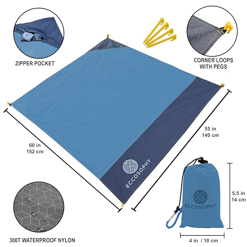 ECCOSOPHY Sand Proof Beach Blanket - Waterproof Picnic Blanket 60x55-Outdoor Compact Pocket Blanket-Lightweight Ground Cover for Hiking, Camping, Festivals, Sports, Travel-with Bag & Stakes (Denim) - color: Denim