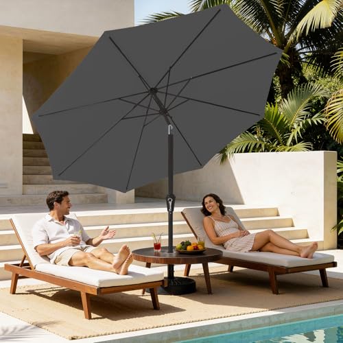 MEWAY 9ft Patio Umbrella Outdoor Table Umbrellas with Push Button Tilt and Crank, Market Umbrella 8 Sturdy Ribs for Deck, Garden, Pool and Backyard, Gray - color: Gray, size: 9ft