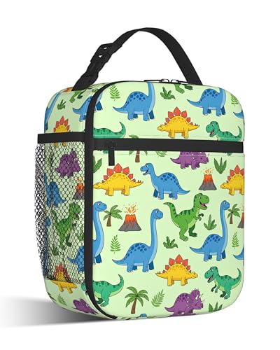 Dinosaurs Reusable Lunch Bag,Cartoon Volcano Green Trees Insulated Lunch Box with Side Pockets for Girls Boys Women Portable Thermal Cooler Bag for Teens School,Work,Picnic,Beach - color: Dinosaurs