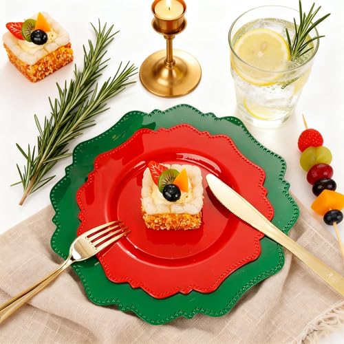 COLOSUS 100pcs Red and Green Plastic Plates, Red and Green Christmas Plastic Plates, Heavy Duty 25 Green/Red Dinner plate 10.5” and 25 Red/Green Salad/Dessert Plate 8.25” suite for Festival - color: Red and Green