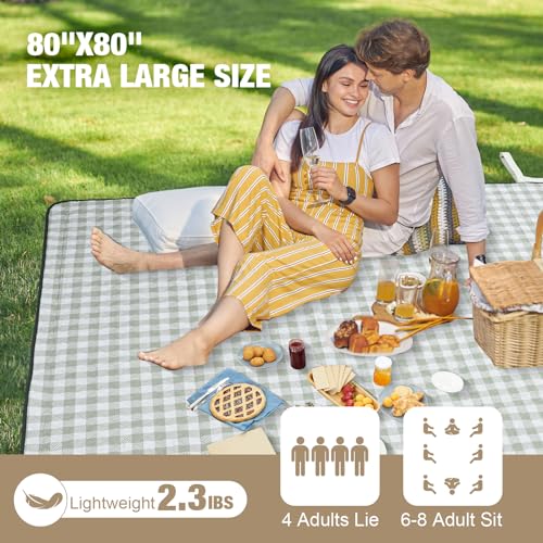 Picnic Blankets Outdoor Extra Large - 80"x80" Portable Waterproof Picnic Blanket, Machine Washable 3-Layer Foldable Park Mat with Sandproof Backing for Grass, Hiking, Travel, Concerts, Indoor (Green) - color: Green
