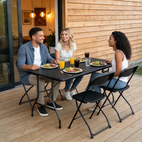 Folding Table 5FT Heavy Duty Plastic Table with Handle, Foldable&Portable, Fold-in-Half Utility Tables for Outdoor, Dining, Wedding, Events, Indoor, Picnic, Camping, Party, Coffee Black - color: Black, size: 5FT
