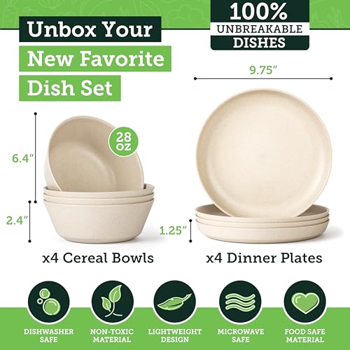 Grow Forward Premium Wheat Straw Plates and Bowls Sets - 8-Piece Wheat Straw Dinnerware Sets - Unbreakable & Reusable Microwave Safe Plastic Dinner Plates for Outdoors, RV, Camping Dishes - Sahara - color: Sahara Beige