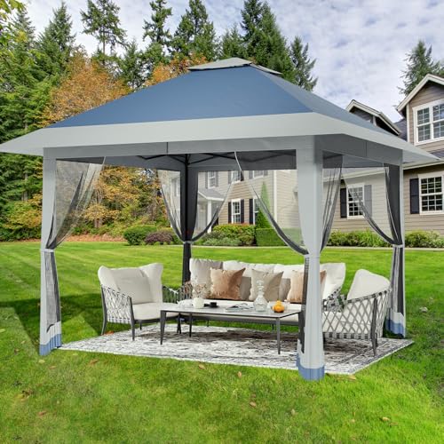 13X13 Pop Up Gazebo,Outdoor Canopy Tent with Mosquito Netting, Double Vented Roof Sun Shelter with Adjustable Heights,Outdoor Gazebo for Backyard & Patio Furniture.（Navy Blue-Four Sides gazebos） - color: Navy blue + heather gray
