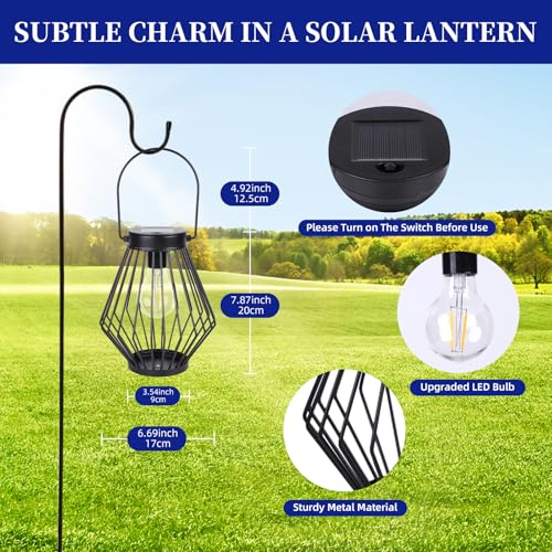 Solar Lanterns Outdoor Waterproof, 2 Pack Metal Decorative Hanging Lantern Lights with Warm White LED Bulb, Solar Powered Patio, Yard & Garden Decor, Ideal for Housewarming & Christmas Gifts