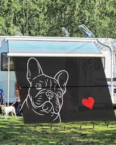 RV Awning Sun Shade Screen 9'X15.3' French Bulldog Mesh Sunscreen Cute Dog Love Heart Awning Shade Screen with Zipper UV Blocker Completed Kits Universal Outdoor Canopy for RV Motorhome Camper Trailer - size: 9x15.3 ft