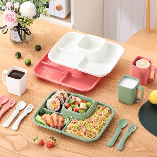 Unbreakable Rectangular Divided Plates for Adults 4 Sections Portion Control Plates Set of 2 White Plastic Dinner Plate for Camping Outdoor or Every Day Use - color: Style 2 White, size: 10.5*8.5 Inch