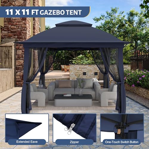 11'X11' Gazebo Pop Up with 4 Sidewalls Mosquito Netting, Heavy Duty Patio Gazebo Canopy Tent with Double Air Roofs for Backyards, Patios, Decks, Gardens, Parks - color: Dark Blue Top