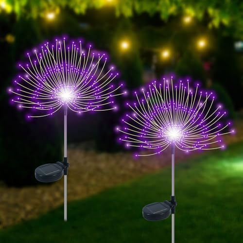 Slyuexu Solar Garden Lights Outdoor Waterproof, 2 Pack 120 LED Solar Firework Lights Decorative Garden Décor Outside for Flowerbed Pathway Party Christmas Decoration, Purple - color: Purple, size: 2 Pack