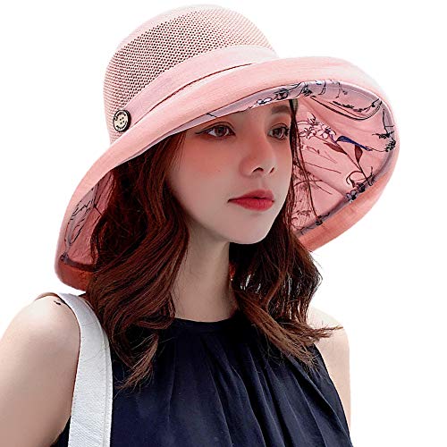 Women Mesh Sun Hats Summer Beach UV Protection UPF Packable Wide Brim Chin Strap - color: Pink