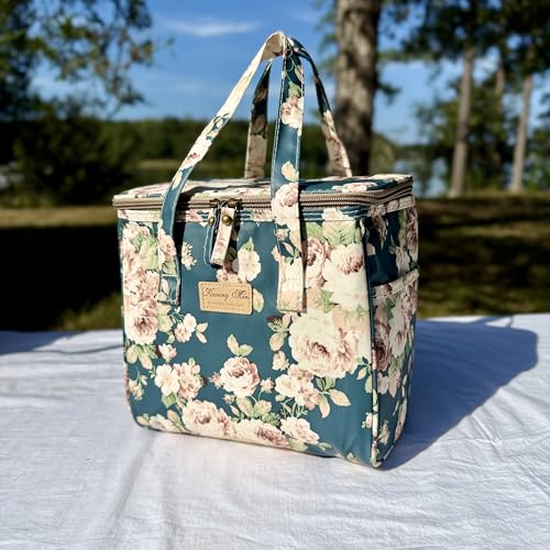 Kwang Min Floral Insulated Lunch Bag for Women,Reusable Lunch Box,Large Cooler for Office,Picnic Outdoors,Premium Waterproof Fabric,Ideal Floral Lunch Bag (Peony Navy) - color: Peony Navy