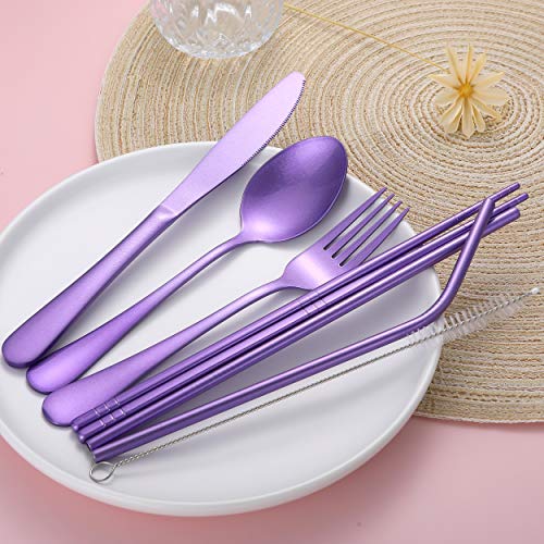 Portable Stainless Steel Flatware Set, Travel Camping Cutlery Set, Portable Utensil Travel Silverware Dinnerware Set with a Waterproof Case (Light Purple) - color: Light Purple
