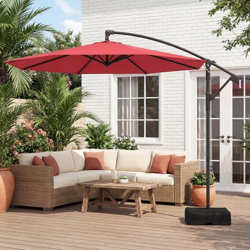 Tangkula 10ft Patio Umbrella with Base Included, Offset Cantilever Outdoor Umbrella with 360 Degree Rotation, Crank Handle, Sun-Protective Canopy for Pool Deck Garden Backyard (Red) - color: Red, size: 10 FT