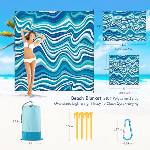Beach Blanket Waterproof Sandproof 1-7 Adult Oversized 78 '' × 110 '' Lightweight Durable Compact Sand Free Extra Large Beach Mat for Travel Camping Hiking Picnic Blanket - color: Wave2, size: 78“x110”