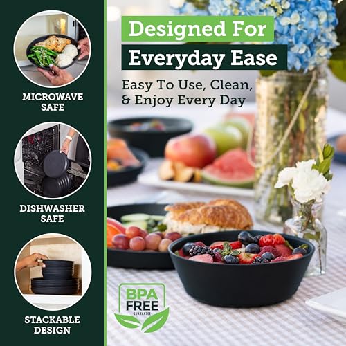 Grow Forward Premium Wheat Straw Plates and Bowls Sets - 8-Piece Wheat Straw Dinnerware Sets - Unbreakable & Reusable Microwave Safe Plastic Dinner Plates for Outdoors, RV, Camping Dishes - Midnight - color: Midnight Black