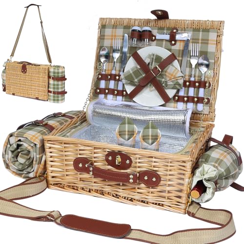 Picnic Basket for 2 with Blanket, Willow Picnic Basket Set with Shoulder Strap&Wine Pouch, Large Willow Hamper with Insulated Cooler for Outdoor, Camping, Beach, Couples, Wedding Gift - color: Green and Yellow Grid