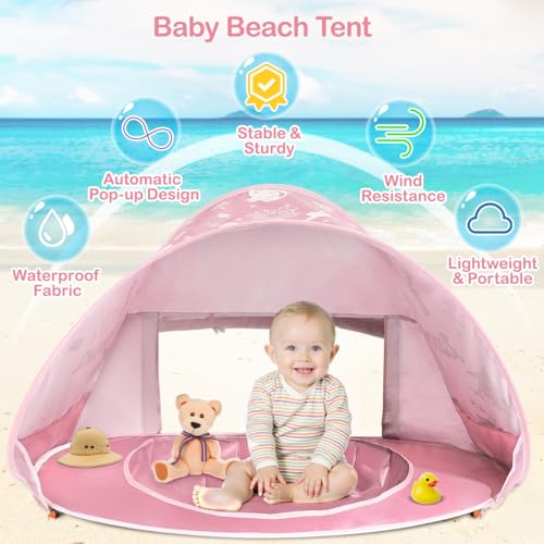 Baby Beach Tent, Pop Up Beach Tent Sun Shade for Beach, Portable Shade Pool UV Protection Sun Shelter for Infant with Beach Sand Toys Set - color: Light Pink