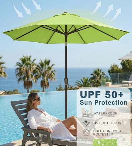 PatioKingdom Auto-Tilt 9FT Patio Umbrella Outdoor with 8 Sturdy Fiberglass Ribs,Market Table Umbrella for Pool,Backyard,Deck and Garden - color: Apple Green, size: 9FT
